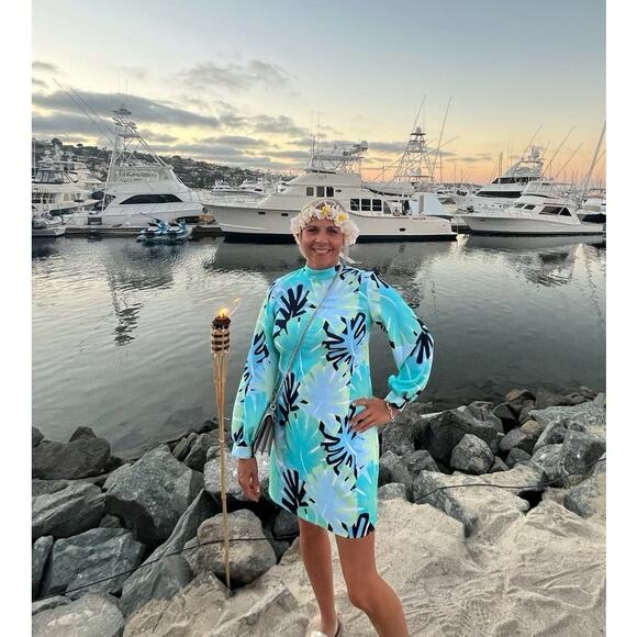 SAIL TO SABLE Blue Palm Tree High Neckline Mock Neck Mini Dress Size 8 - Picture 15 of 15